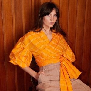 Acler The Wyatt Puff Balloon Sleeve Cropped Wrap Top Pumpkin Stripe Size 10